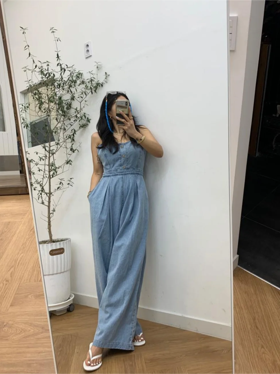 

Retro Distred High Waist Overalls Women's Denim Jumpsuit oulder Baring Wide Leg Pants Loose Slimming Effect