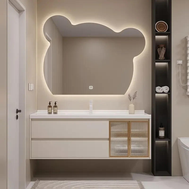 

Nordic Bathroom Sink with Bear Mirror Cabinet Modern Home Furniture Simple Ceramic Integrated Washbasin Cabinets Combination