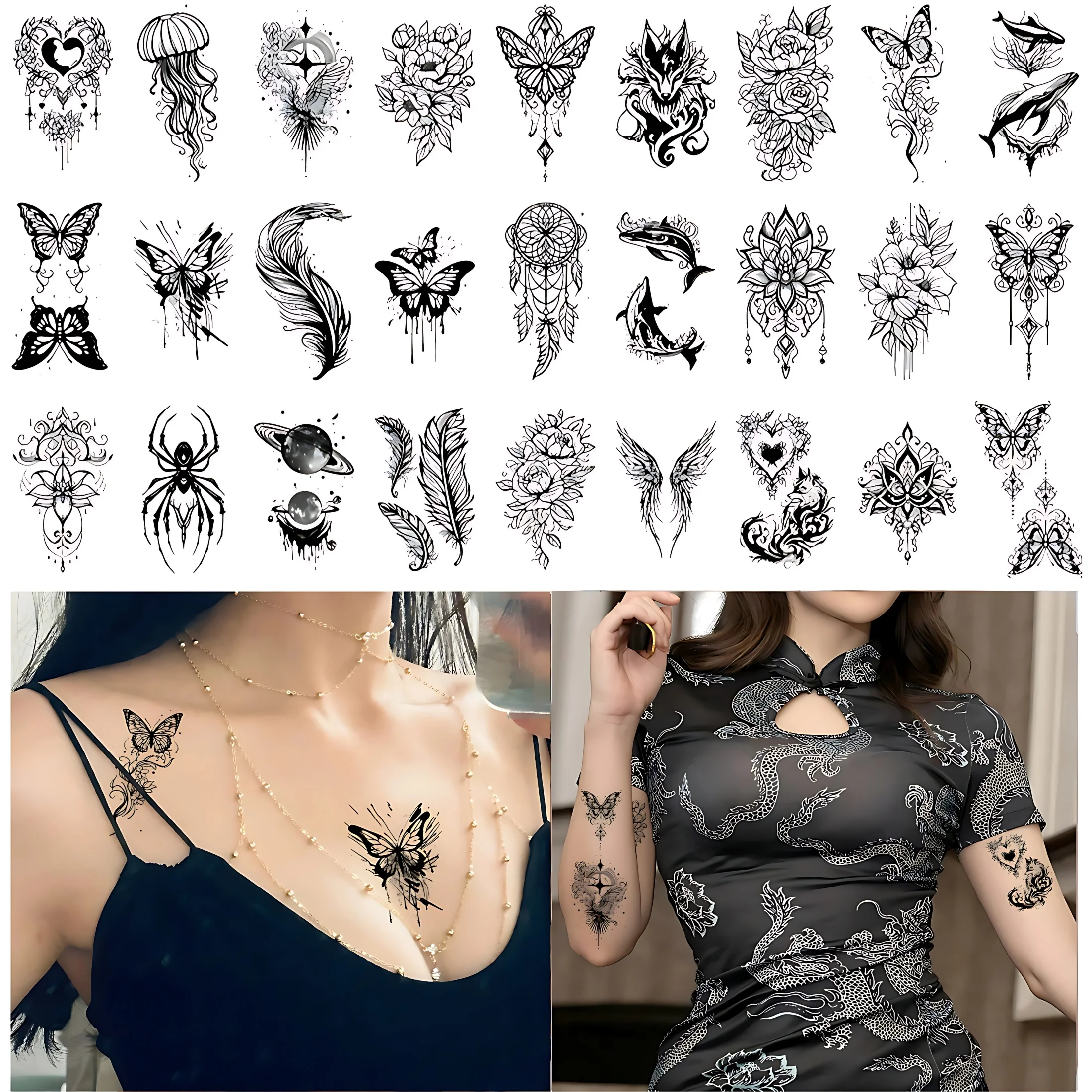 30pcs/set Water Transfer Temporary Tattoo Black Spider Universe Lotus Guitar Painting Tattoo Sticker for Girls Women Back Neck