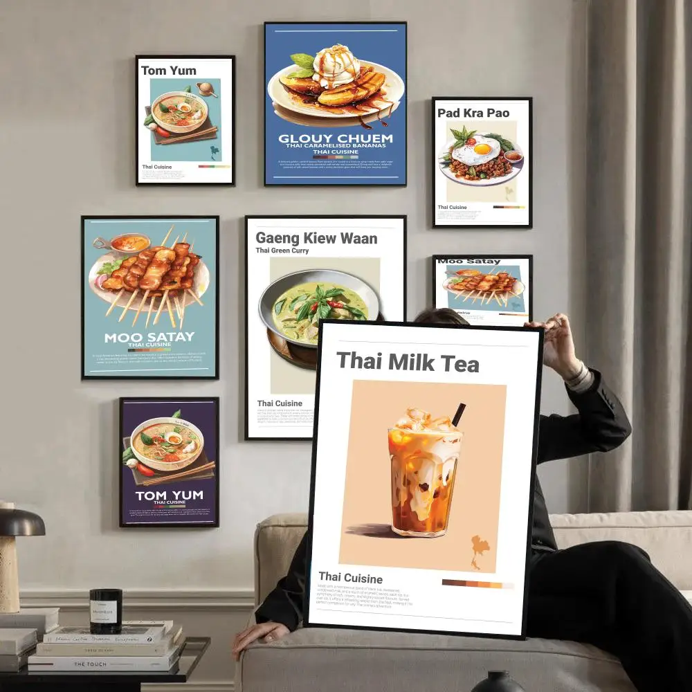 Arte Mural Adhesivo Impermeable con Caligrafía HD de Comida Tailandesa: Plátanos Caramelizados, Curry Verde, Mango y Arroz Glutinoso | Decoración Estética para el Hogar