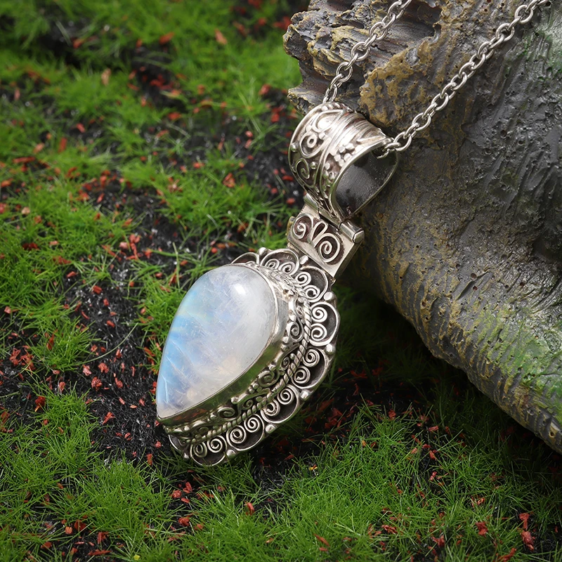 Exquisite Water Drop Moonstone Pattern Pendant Necklace Women\'s Fashion Elegant Party Jewelry Girls Gift