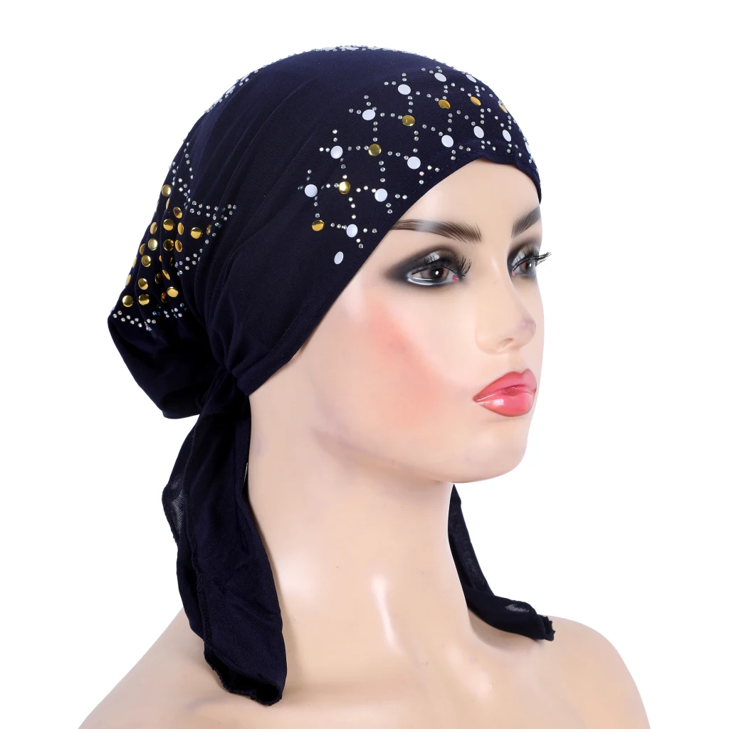 H089 fashion turban hijab with many sequins stones muslim hijabi scarf islamic headscarf hat amira pull on headwrap