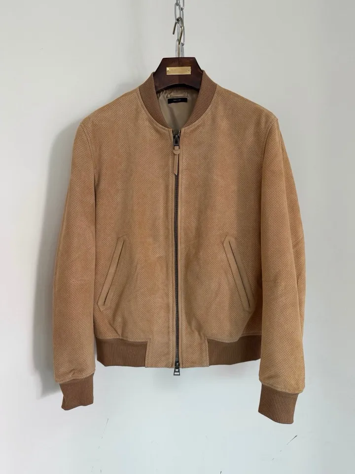 Mens Vintage Motorcycle Sheepskin Jacket 2026 New Stand Collar Zip Front Ribbed Cuffs