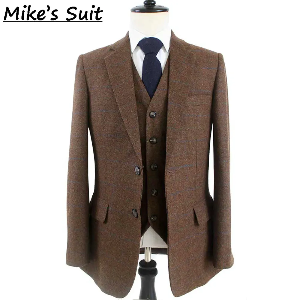 Men Brown Windowpane Check Tweed 3 Piece Suit Vintage Grid Wool Blazer Waistcoat Trousers Wedding Formal Suit