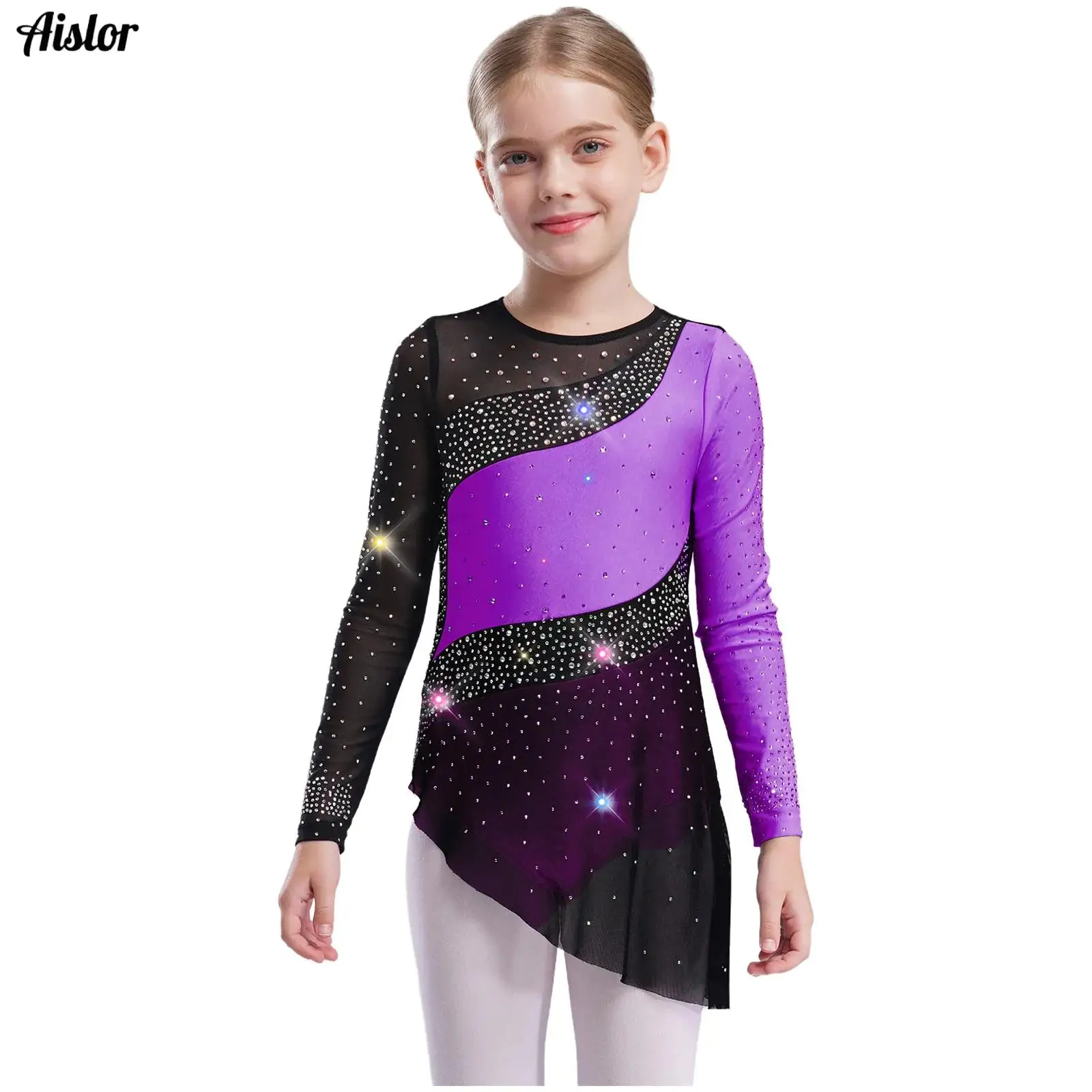 

Kids Girls Rhythmic Gymnastics Dance Costume Sparkling Rhinestones Long Sleeve Sheer Mesh Patchwork Color Block Leotard Dress