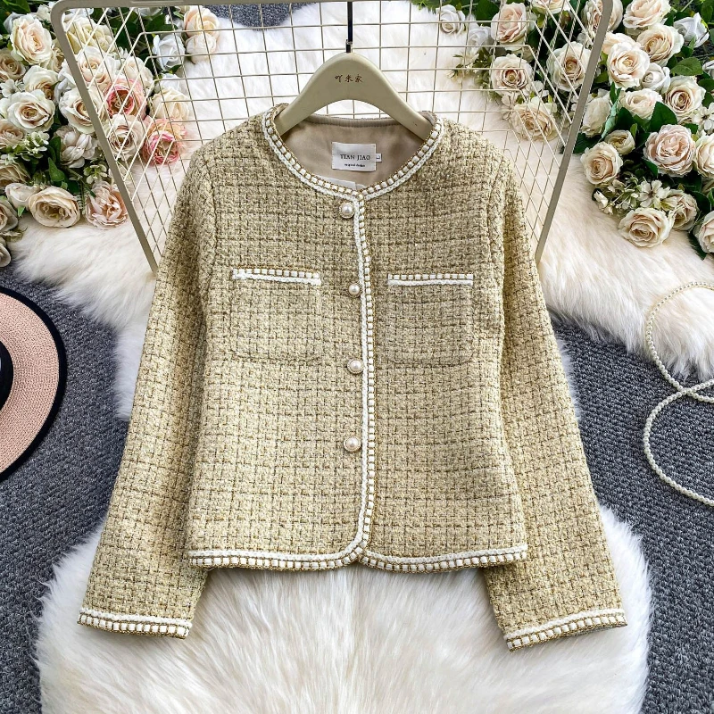 

Small fragrant style high-end round neck short style jacket women light luxury fashion plaid coarse woolen temperament top