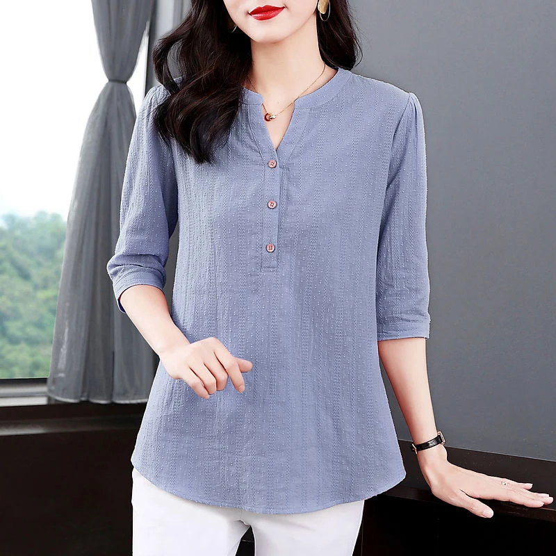 Summer New Oversized Pure Cotton Loose Shirt Ladies 3/4 Sleeve Casual Fashion Solid Pullover Tops Women Simple All-match Blouse