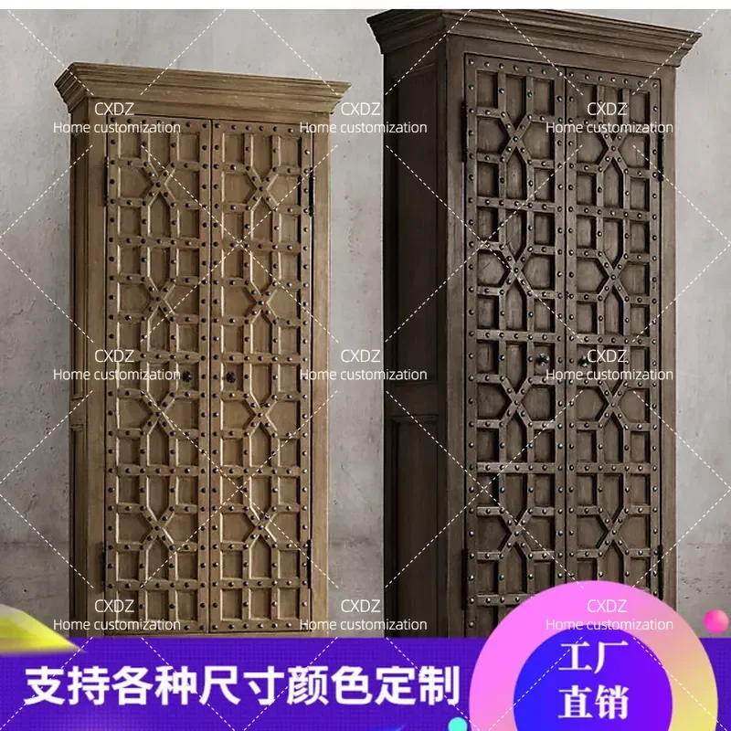 Retro Solid Wood Wine Cabinet Double Door Rivet Design Living Room Decorative Locker Antique Dining Side Cabinet Storage