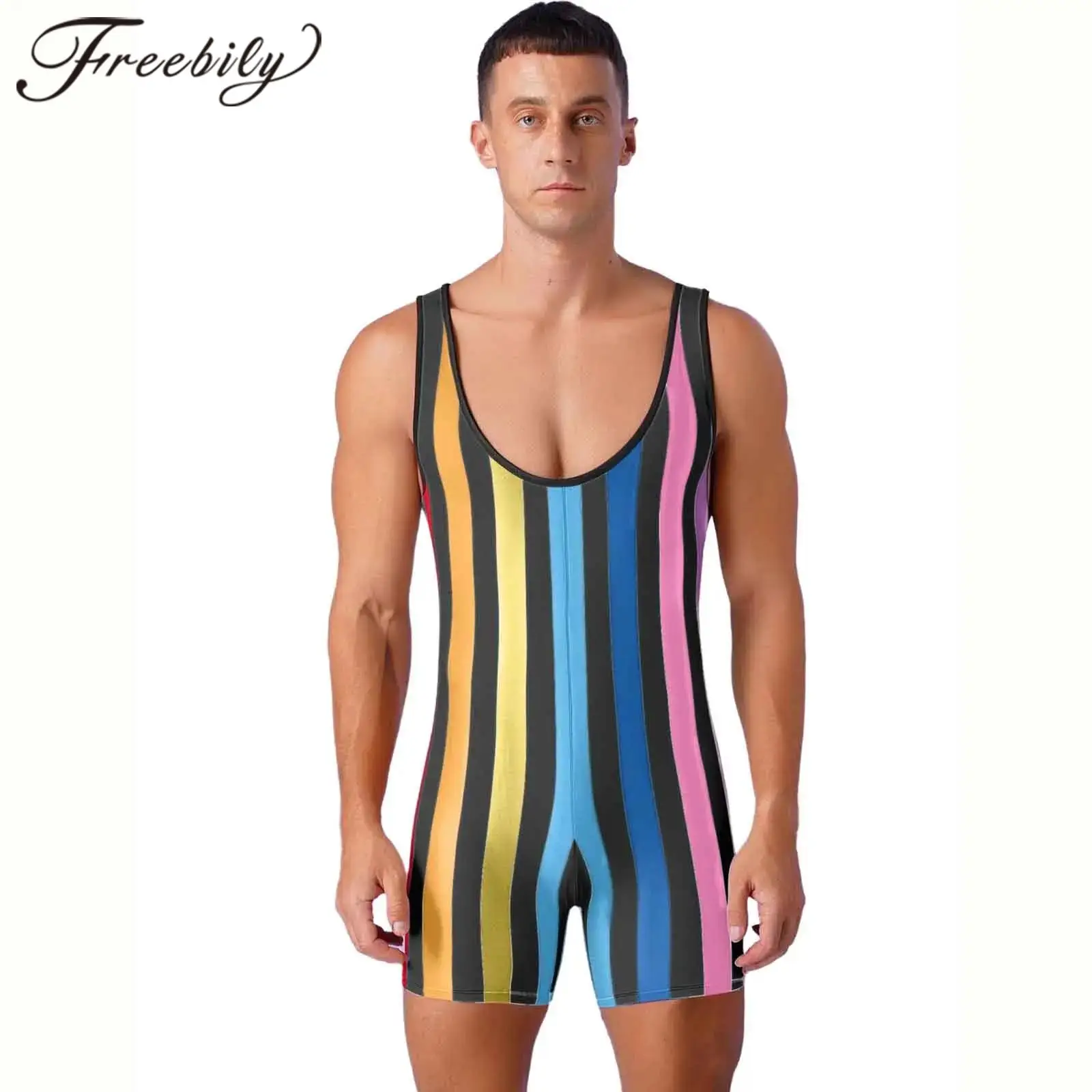 Men's Swimming Suits Workout Wrestling Singlet Bodysuit Swimwear Gym Gymnastics Leotard Yoga Bodysuits Striped Jumpsuit Swimsuit