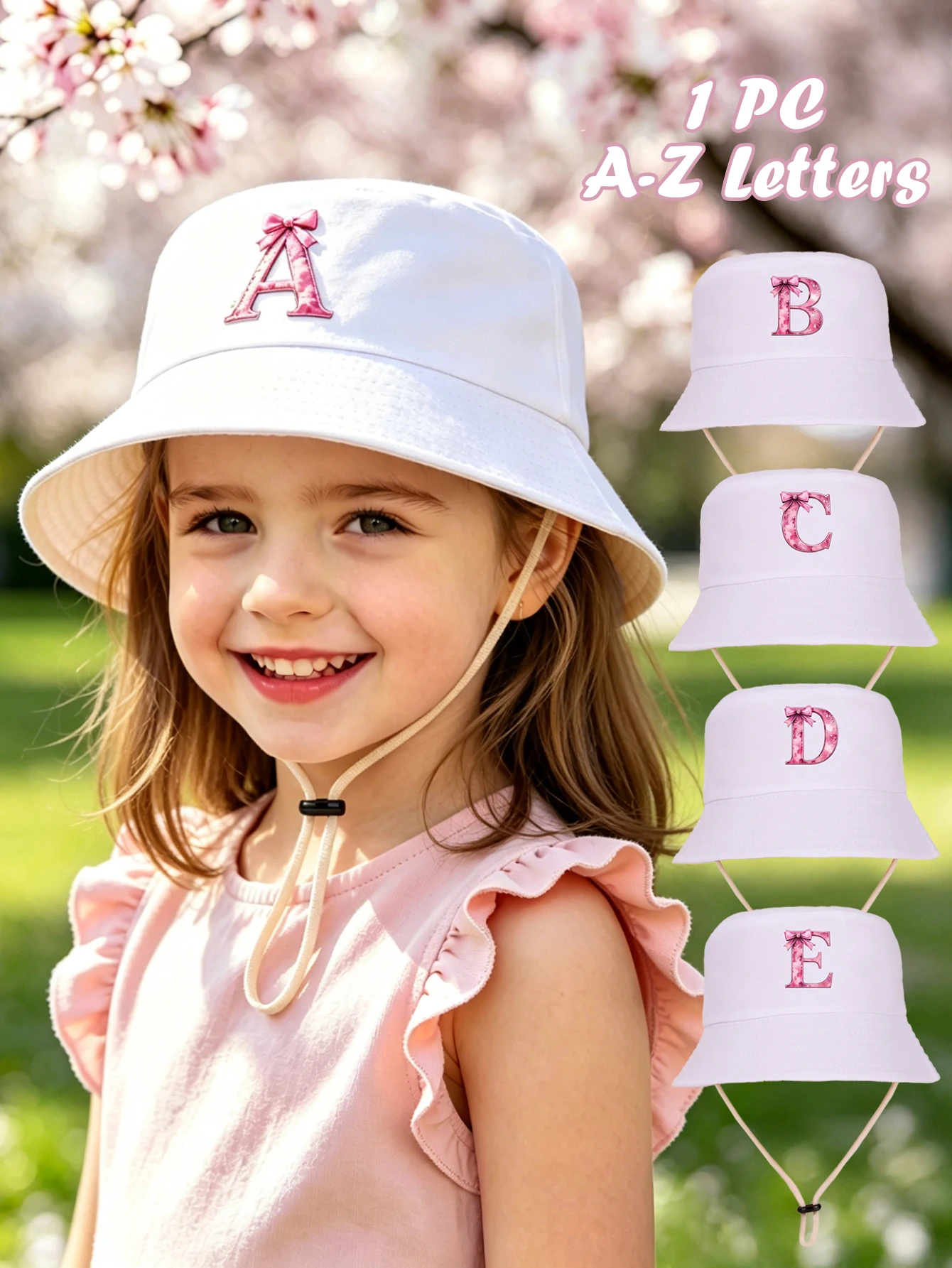 

1pc white baby girl bucket hat cap 3-8 years old Spring A-Z letter And Summer Cap Features a ButterflyKnot Design with Fuchsia