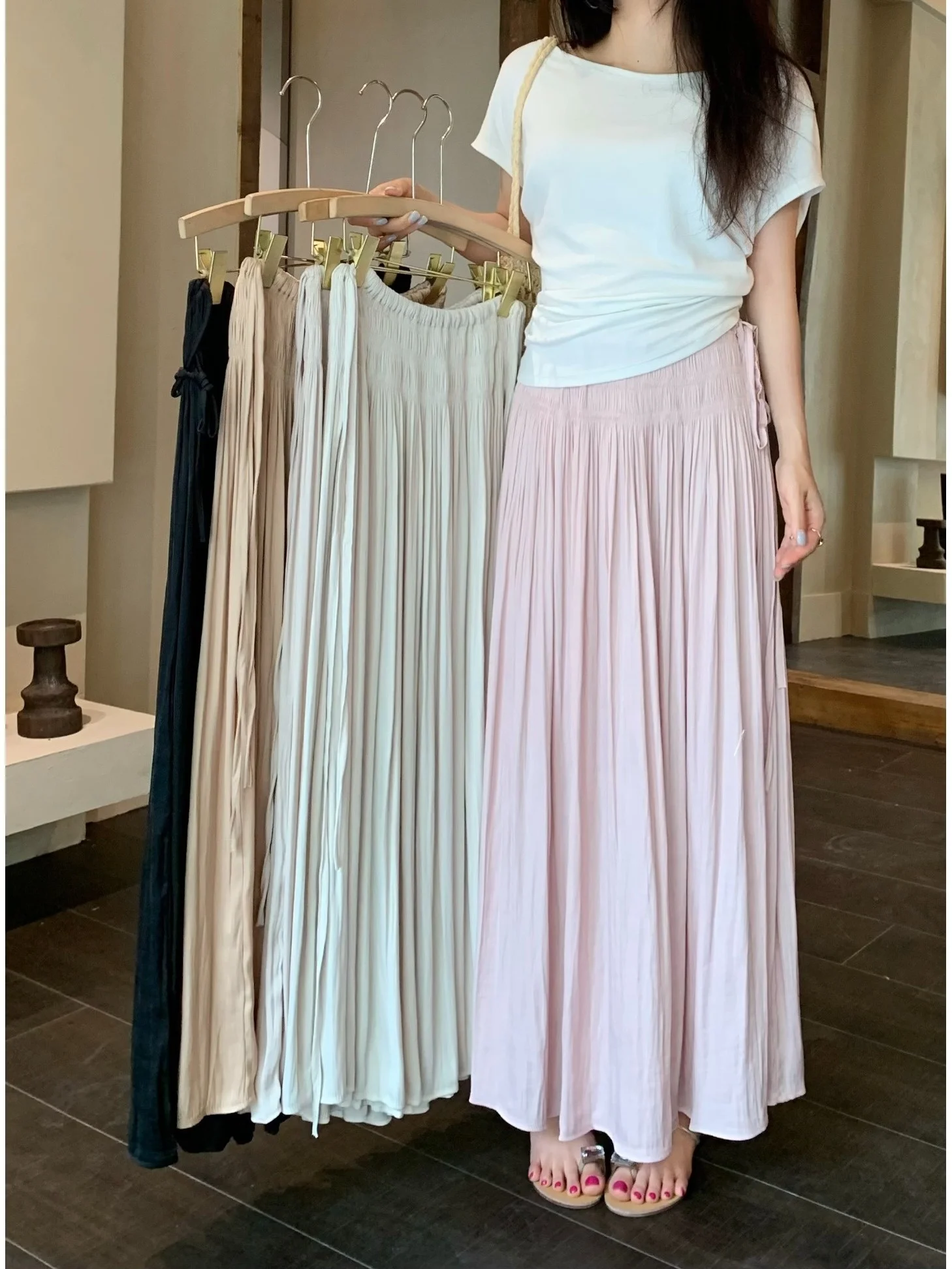 

Casual Pink Midi Skirt Women's Summer New Style Elastic Waist Drawstring Slimming A-Line Pleated Skirt Korean Style
