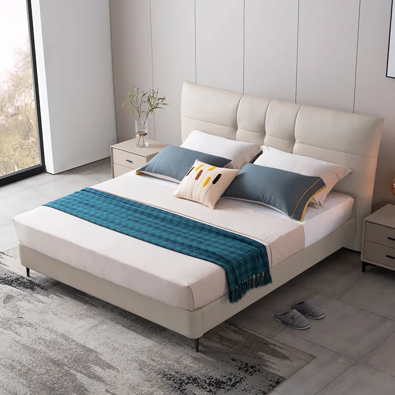 Cama doble de cuero, cama nórdica de almacenamiento de piel de vaca de primera capa