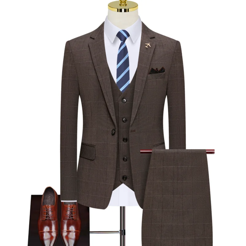 

( Jacket + Pants + Vest ) 3 Pcs Set Blazers New Men's Business Professional Classic Fashion Banquet Plaid Suits Coat Waistcoat