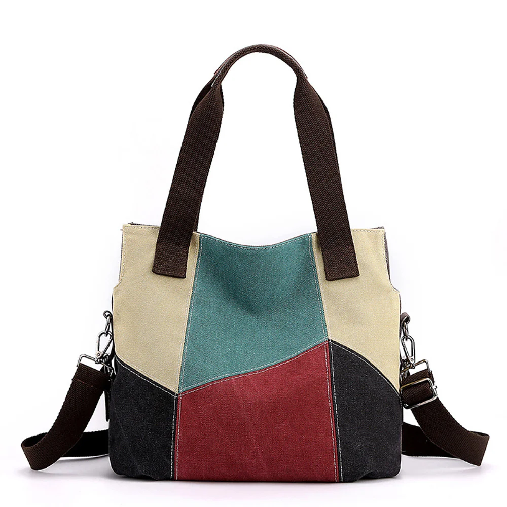Simple and fashionable women's bag, contrasting canvas bag, women's large capacity retro contrasting splicing cloth bag, new sin