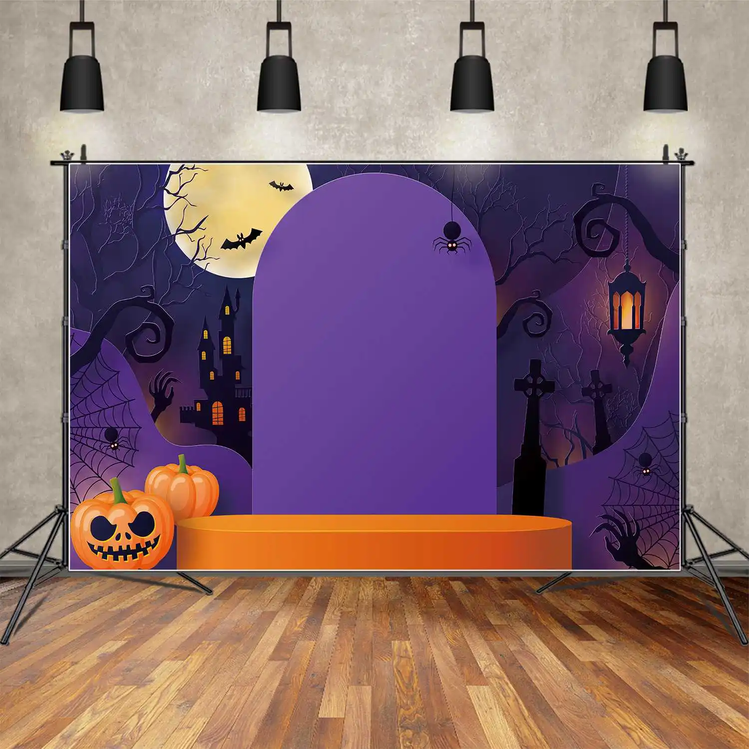 MOON.QG Backdrop Bluey Halloween Tombstone Party Stage Castle Spider Web Photography Background Lamp Jack O Lantern Branch Decor