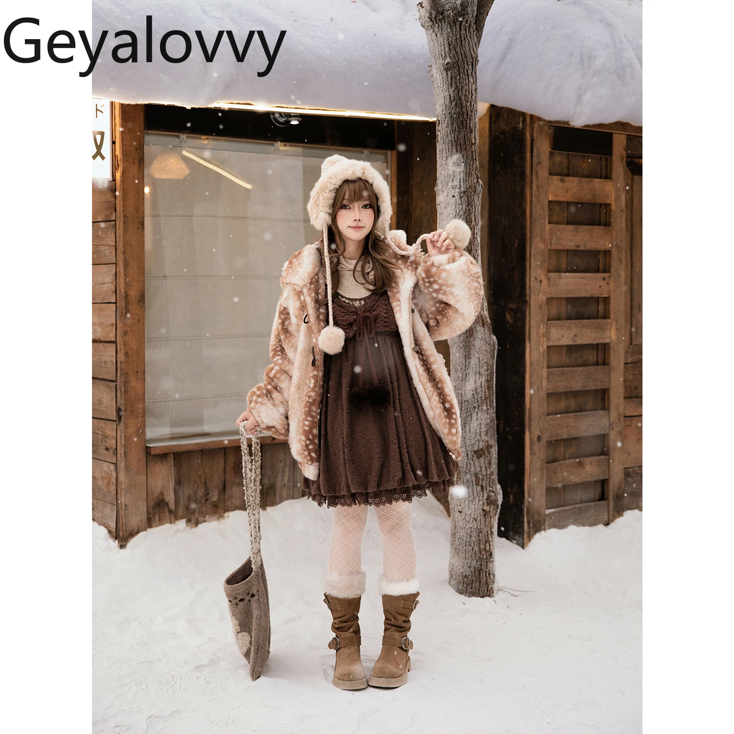 Cappotto con cappuccio stile foresta carino con motivo cervo Cappotto invernale in pelliccia sintetica con bottoni in corno versatile per ragazze dolci