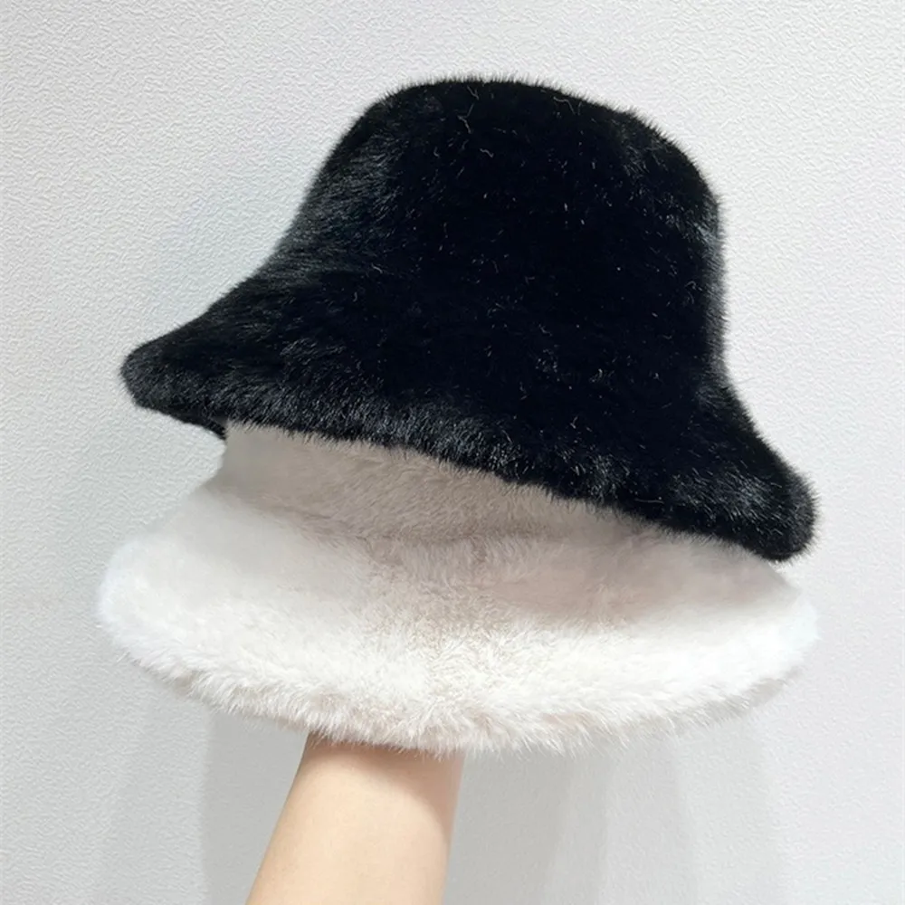 Women's Winter Hat Fluffy Faux Fur Bucket Hat Soft Plush Fisherman Hat Cold Snowy Day Panama Cap Girls Ear Protection Basin Hats