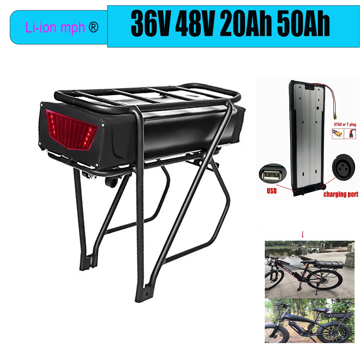 New 48V 52V 36V Original High Quality 30AH 40AH 50AH Rear Rack Batteria Pack For 2000W 1500W 1000W 750W 500W 350W Motor + Charge