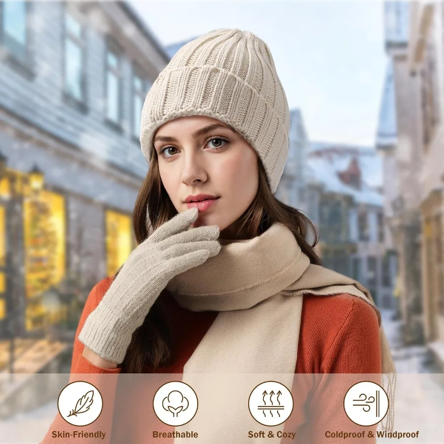 ชุดหมวกไหมพรม ผ้าพันคอ ถุงมือหน้าจอสัมผัส 3 ชิ้น ชุดถุงมือบุขนหนานุ่ม หมวกไหมพรม ผ้าพันคอ สำหรับผู้หญิง ผู้ชาย คุณภาพเยี่ยม