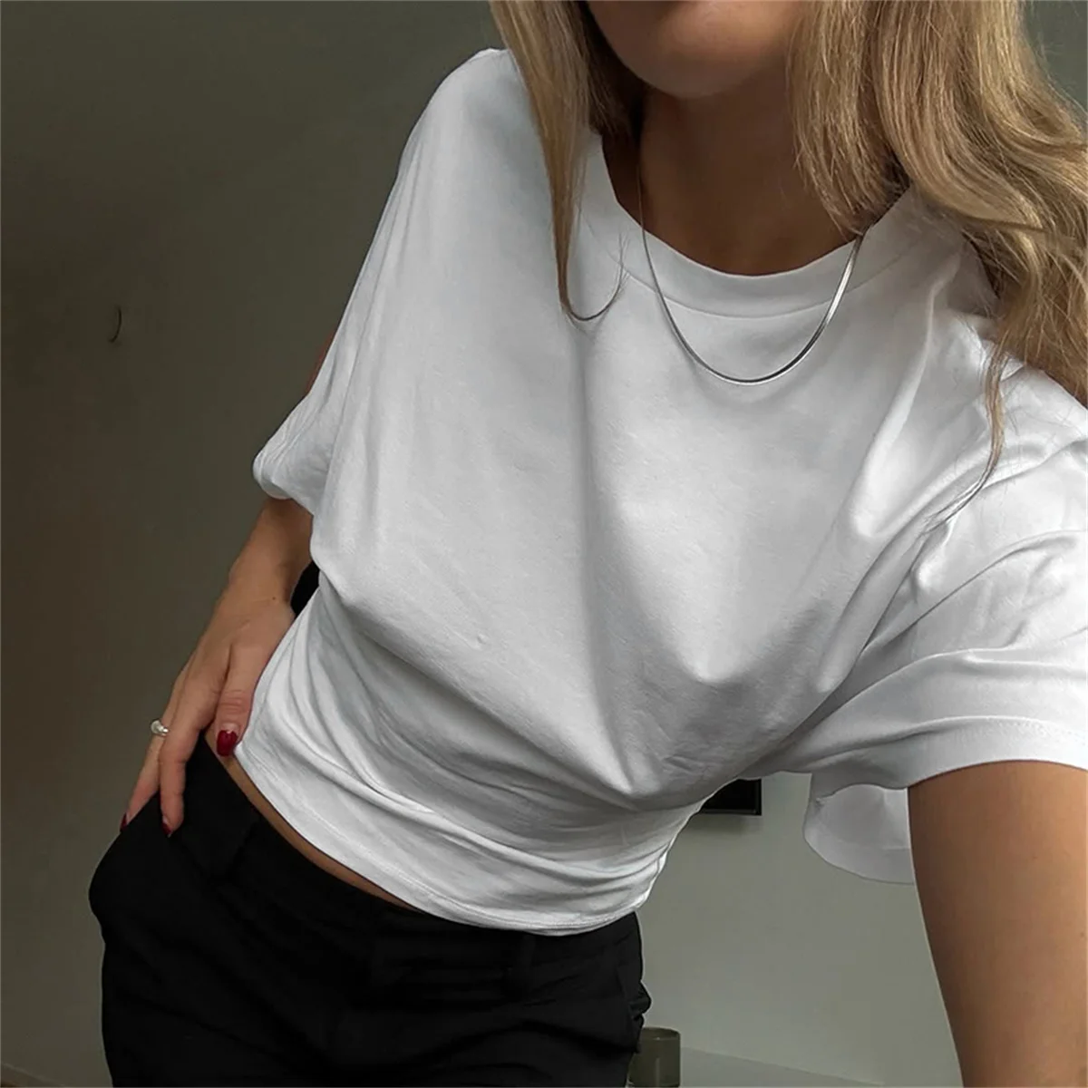 

Women's Summer Loose Short-Sleeved T-Shirt Tops Waist Slimming Sweet And Hottie Design Sense Positive Shoulder Streetwear Top