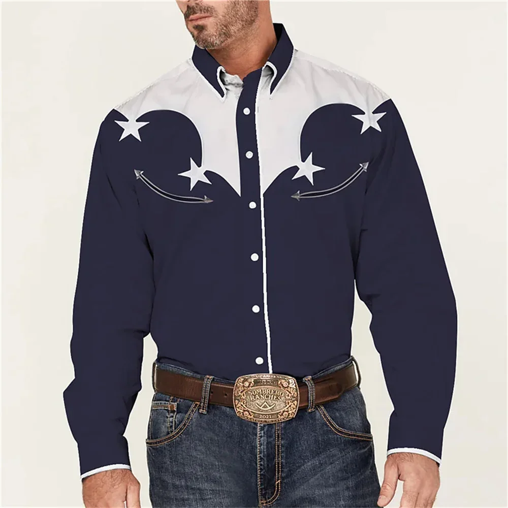 2025 Men's Long Sleeve Lapel Button Dark Natural 3D Printed Shirt Retro Black Outdoor Street Shirt Fashion Business Clothing