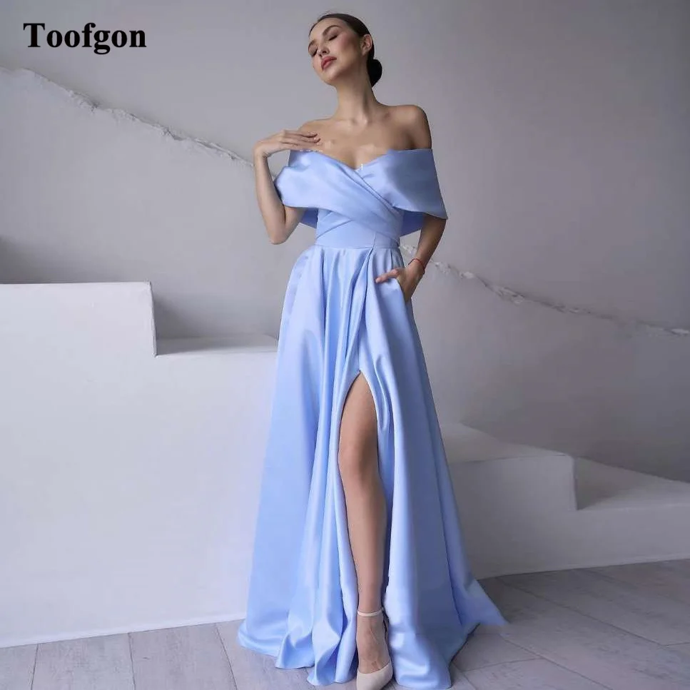 

Toofgon Simple Blue Prom Dresses With Pockets A Line Satin Slit Side Formal Evening Dress Women Party Bridesmaid Gowns 2024