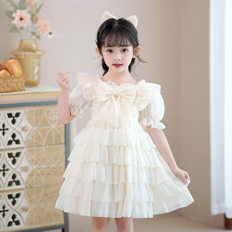 

2315 Summer Princess Dress Children's Wedding Mesh Mid Size Bow Short Sleeve Flower Party Ball Gowns