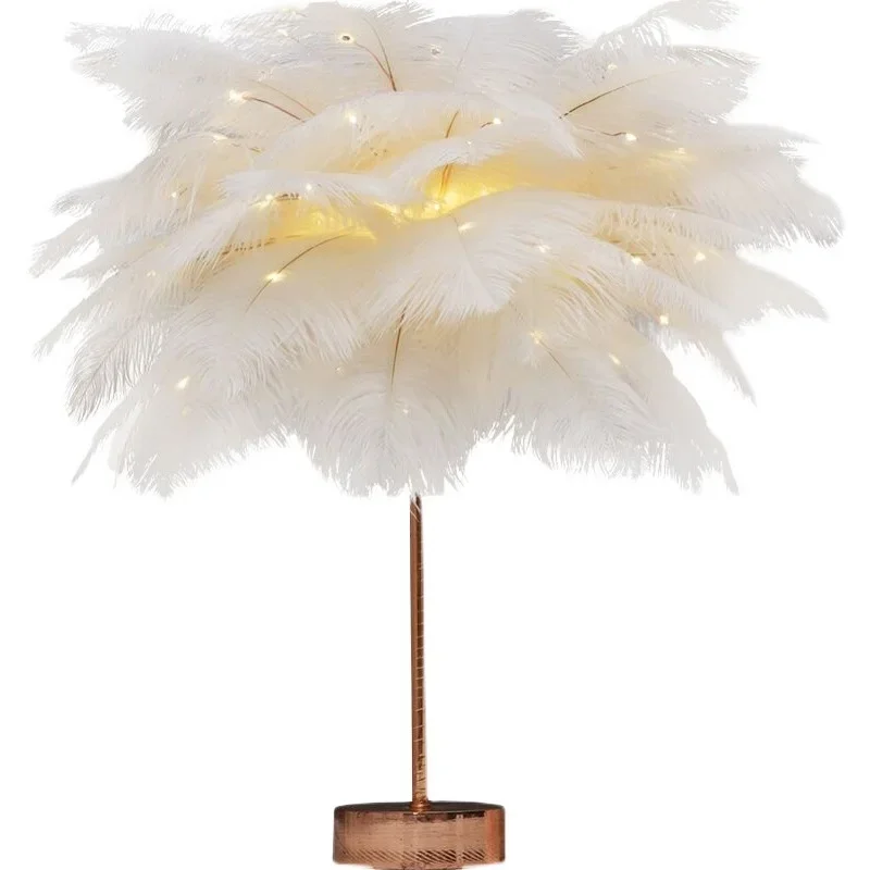 Creative Feather Table Lamp with Remote Control USB/AA Battery Power Desk Lamp Tree Feather Lampshade Night Light for Birthday