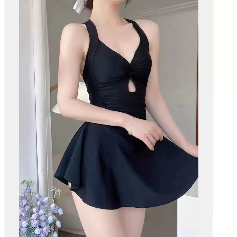 sexy Korean fashion conservative swimsuit one piece wrinkled cross mini dress culottes black and grey bikinis padded swimwear