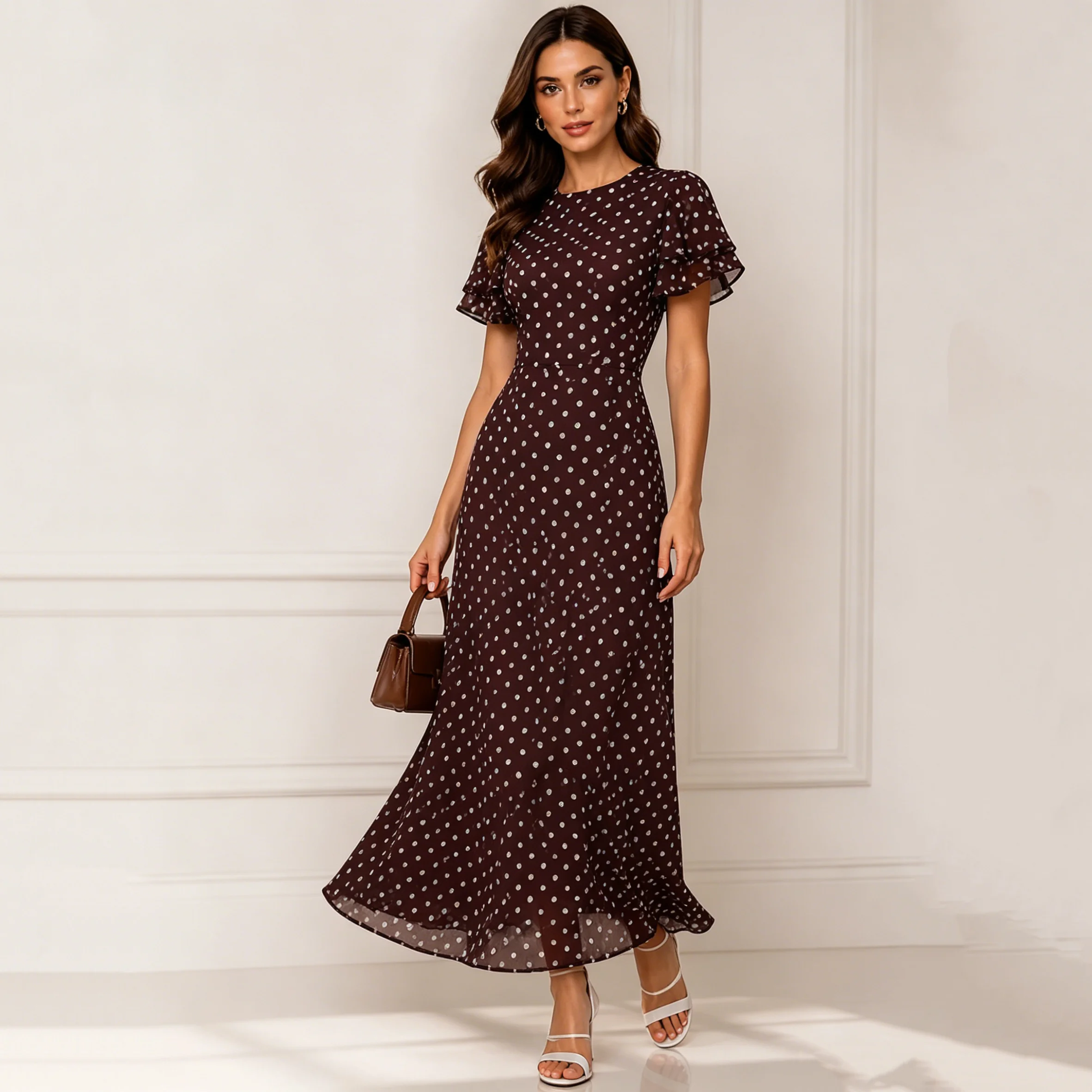 

CiCi Polka Dot Maxi Dress For Women Crew Neck Ruffle Short Sleeve Slim Fit Summer Casual Party Evening Work Office Dresses