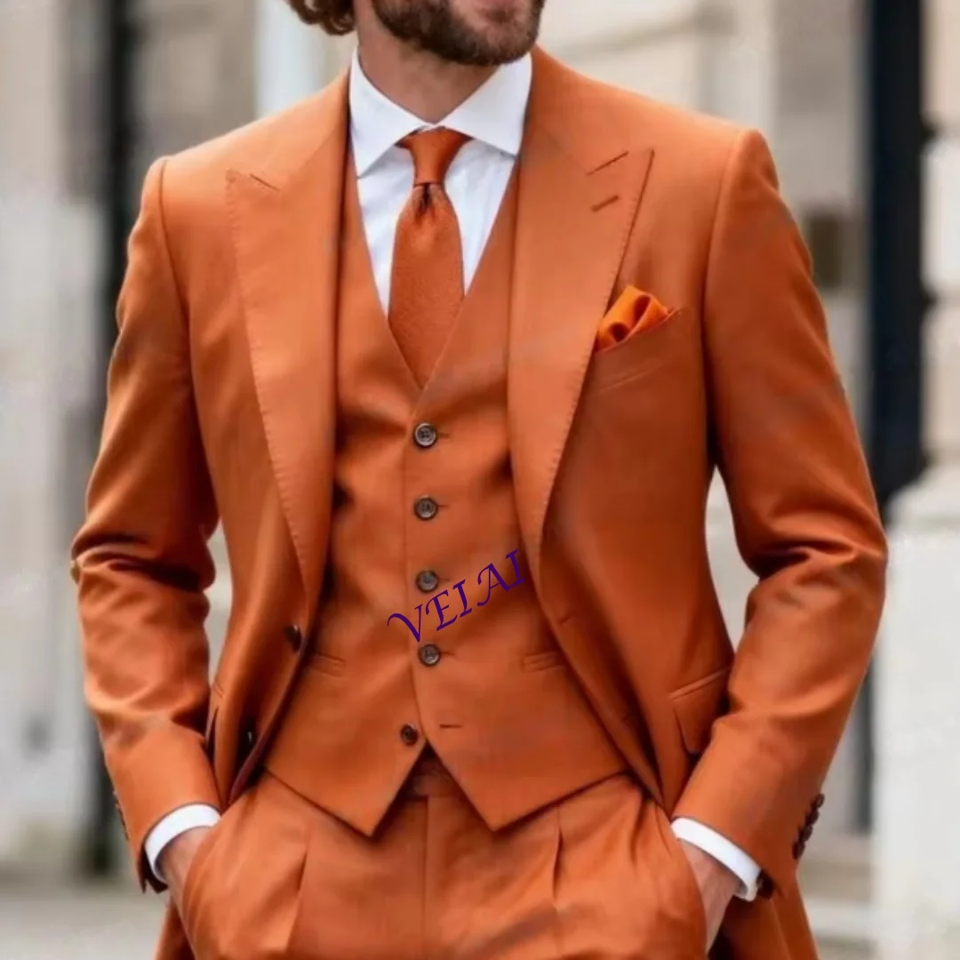 

CustomizedNew Orange Men Suits Formal Groom Groomsman Wedding Party Prom Business Male Tuxedos Customize 3 Piece Set Blazer Vest