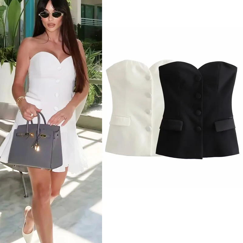 TRAF Y2K Top Women Summer 2024 Tanks&Camis Cropped Corset Top Ladies Fashion Casual Short White Black Sexy Elegant Tube Tops