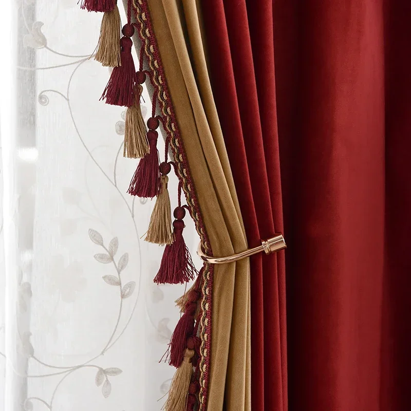 

Custom Vintage Velvet Wine Red Curtains for Living Dining Room Bedroom Blackout Splicing American Wedding Room Floor Floating