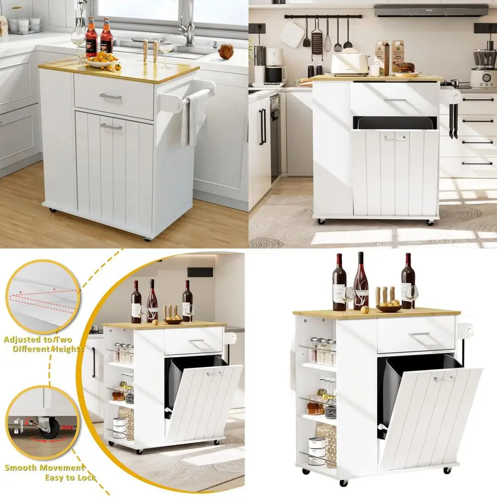 White Mobile Kitchen Island with Trash Bin, Towel & Spice Storage on Wheels