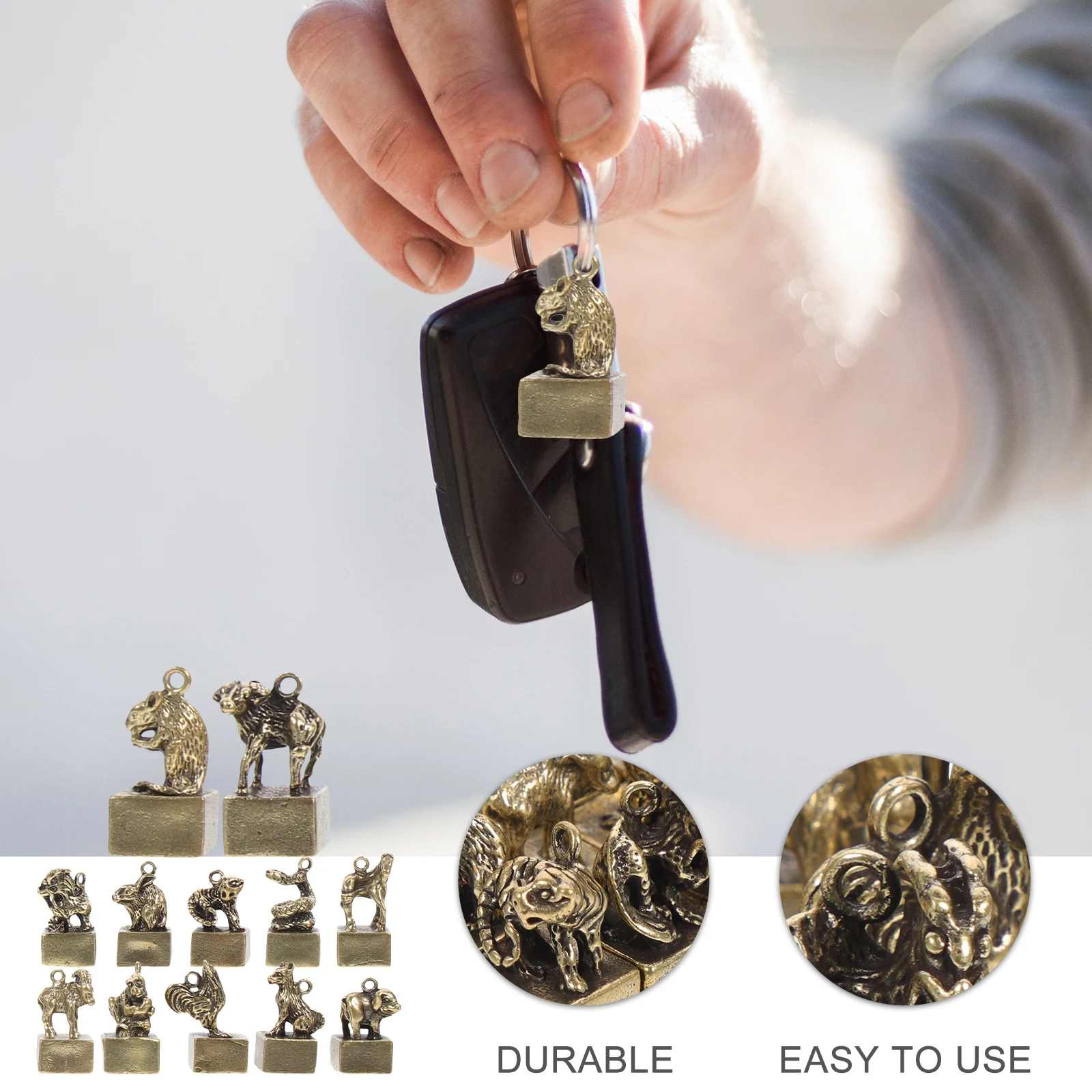 

12 Pcs Zodiac Seals Brass Chinese Vintage Adornment Statue Decor Key Chain Charms Desktop Figurines Sculpture Home Decor