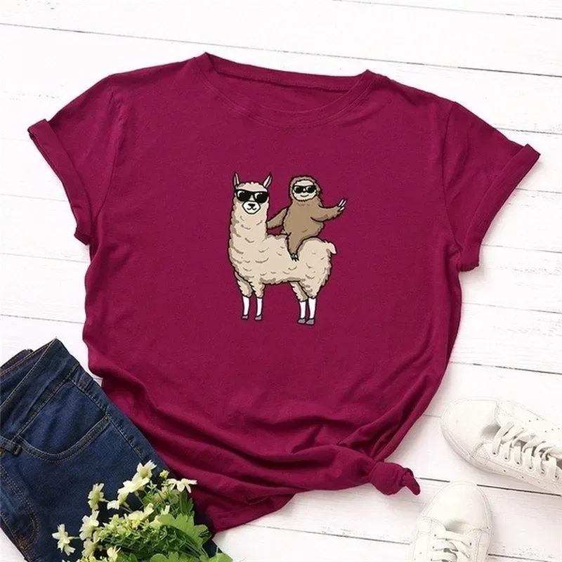 

Graphic Shirts Funny Sloth Alpaca Print T Shirt Women Short Sleeve O Neck Loose Tee Summer Women Shirt Tops Camisetas Mujer