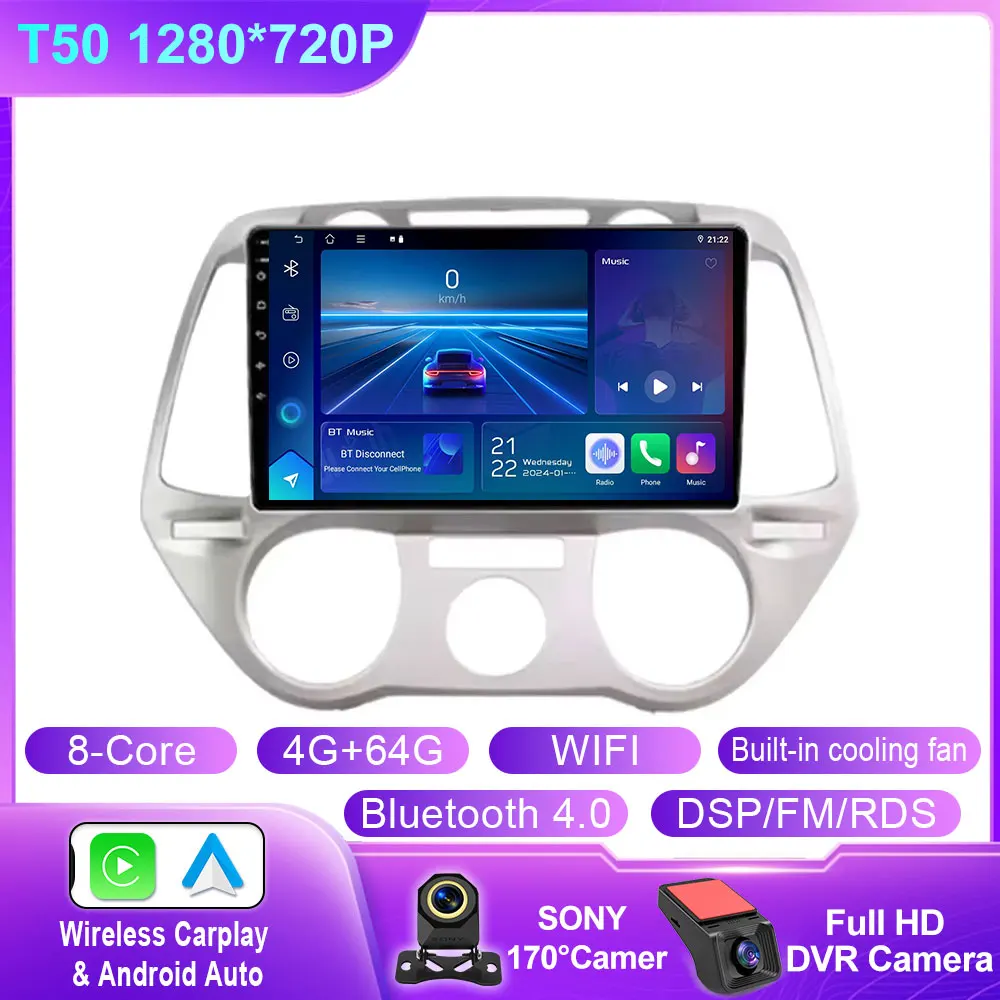 Android 14 Carplay Voor Hyundai i20 2008 2009 2010 2011 2012 Autoradio Stereo Multimedia Video Player DSP GPS 4G WIFI QLED Scherm