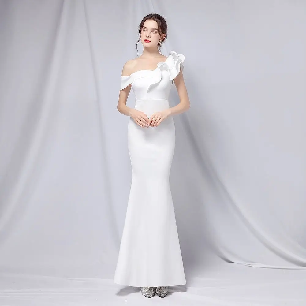 White One Shoulder Evening Dress Women's Light Luxury High end Birthday Elegant Fishtail Long Dress 2024 Summer New Ball Dress