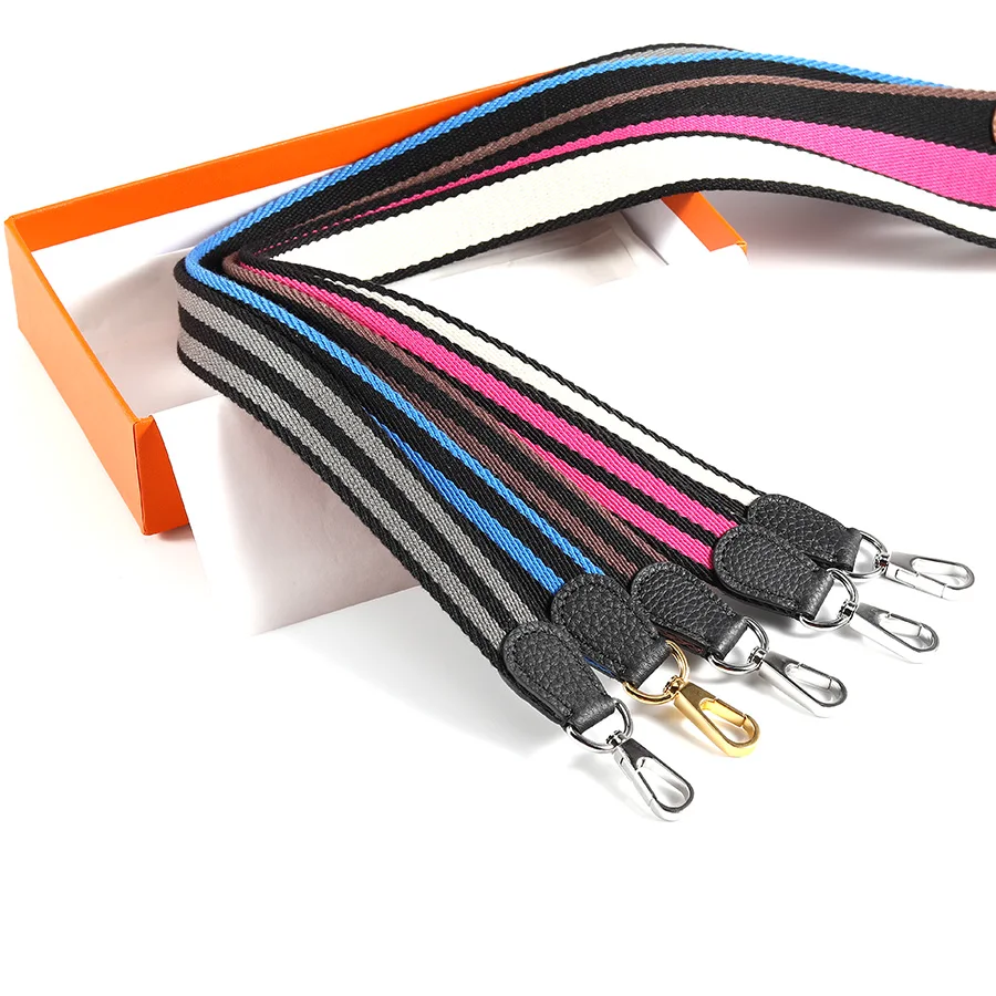 สายสะพายผ้าแคนวาสลายทางสีสันสดใส กว้าง 2.5 ซม. หนังวัวโทโก้ เหมาะสำหรับสายสะพายกระเป๋าอีเวลิน สายสะพายไหล่ เย็บมือ อุปกรณ์ตกแต่งกระเป๋า