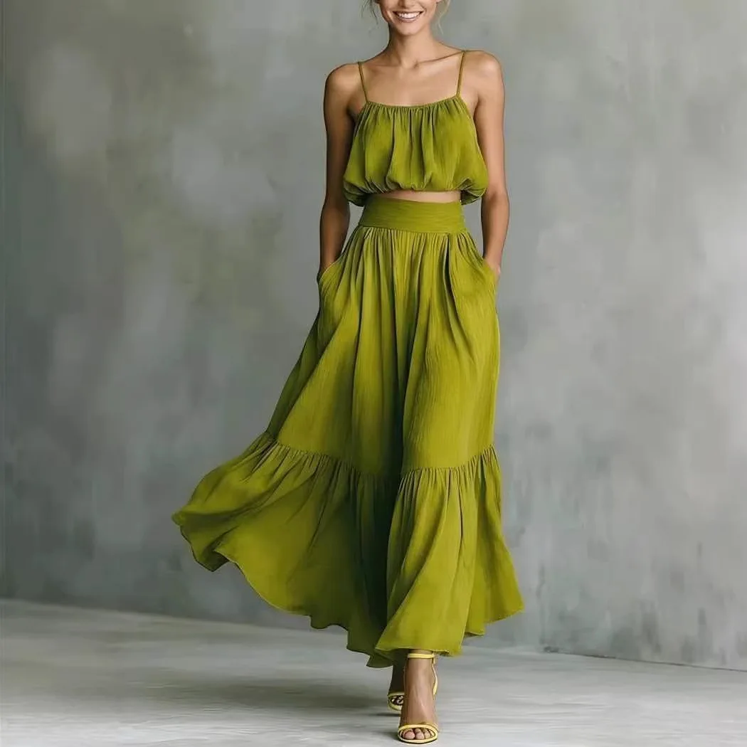 Summer New Cami Top 2 Piece Sets Women's Fashion Solid Sleeveless Suspender Vests & High Waist Maxi Skirt Two Piece Vacation