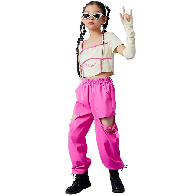 Mädchen Jazz Dance Kostüm Kpop Kleidung T-Shirt Rosa Cargo Hosen Hip Hop Kleidung Kinder Street Dance Performance Outfit DL9890
