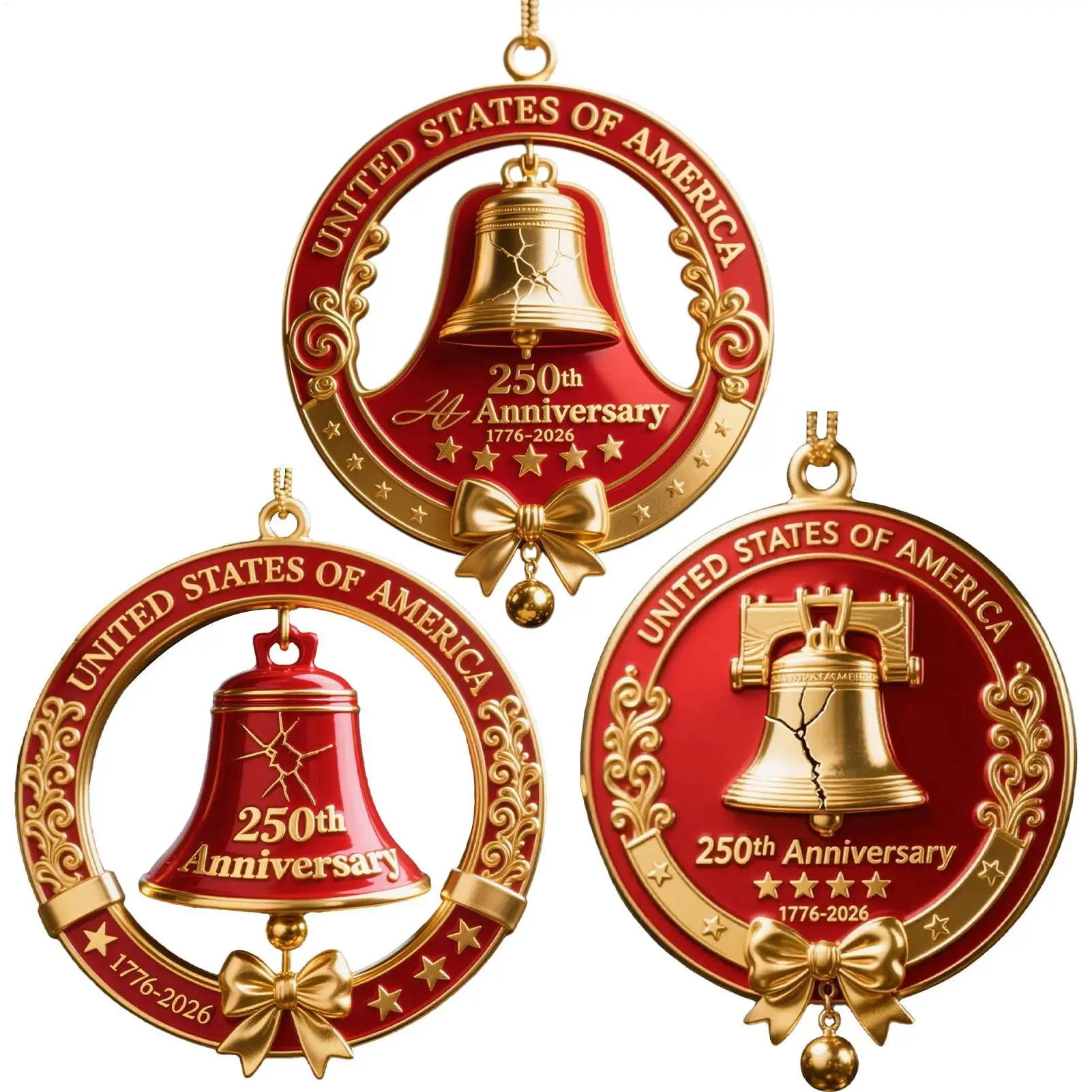 

250th Anniversary Christmas Bell Ornaments Commemorative Hangable Bells for Tree, Window, Wall, Patio & Holiday Party Decor