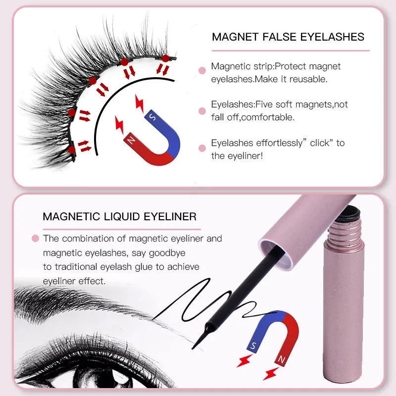 Magnetic eyelash eyeliner, the most natural looking magnetic eyelash kit application, the best 8D, 3D look, reused false eye eyelashes, glue, strong Waterproof Liquid Liner