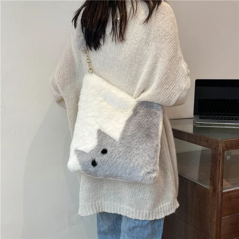 Autumn Winter Soft Plush Handbag ,Fashion Cute Cat Pattern Shoulder Bag,Cartoon Color Contrast Lightweight Tote Bag