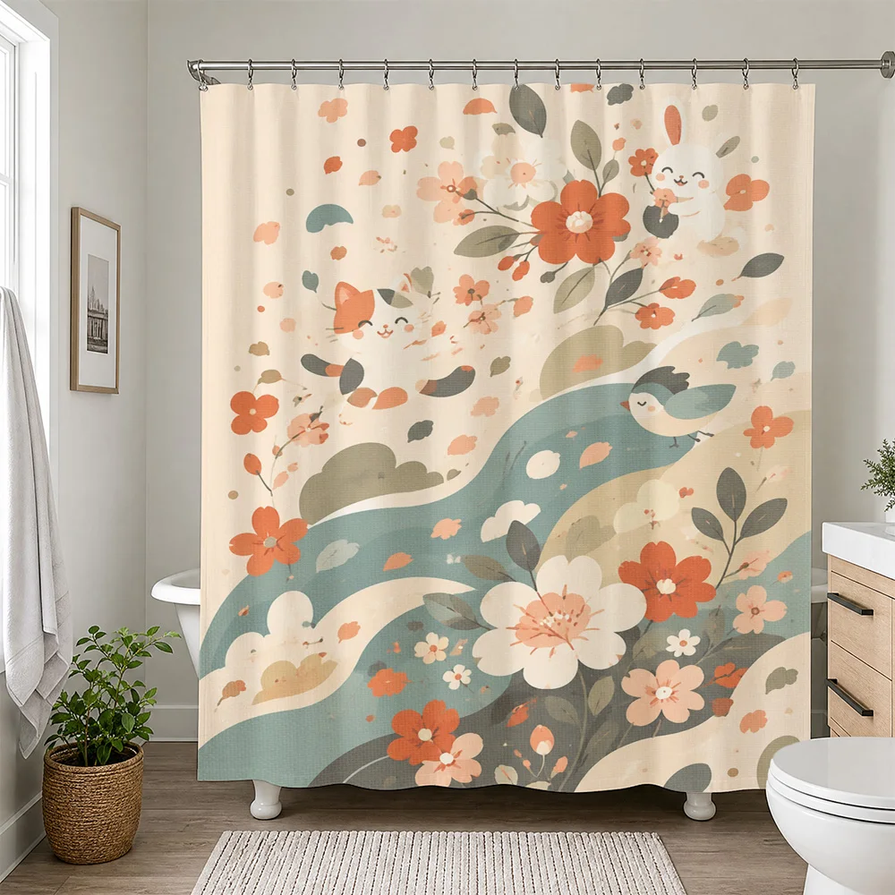 Watercolor Floral River Shower Curtain Bathroom Decor Bohemian Style Tropical Bloom Shower Curtain Liner