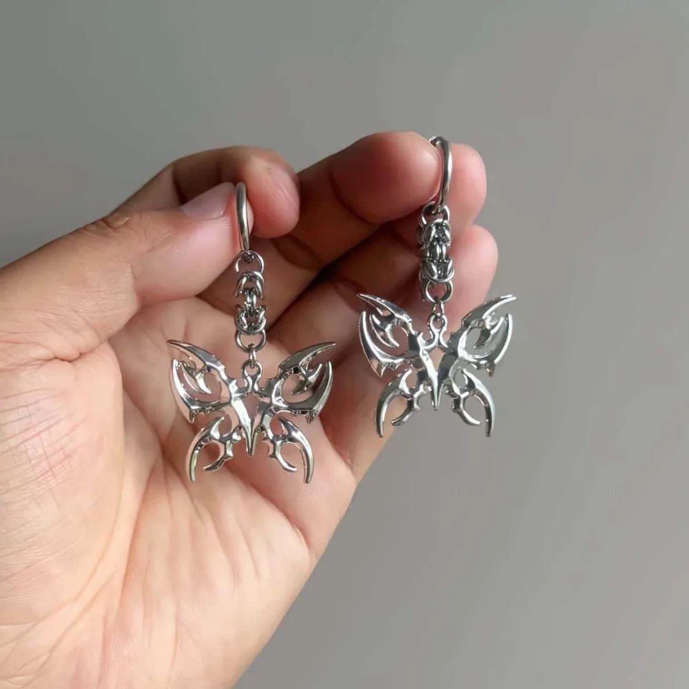 Y2K Thorn Butterfly Hoop Earrings for Women Men Punk Gothic Spike Hollow Dangle Earrings Cool Streetwear Unisex Metal Jewelry