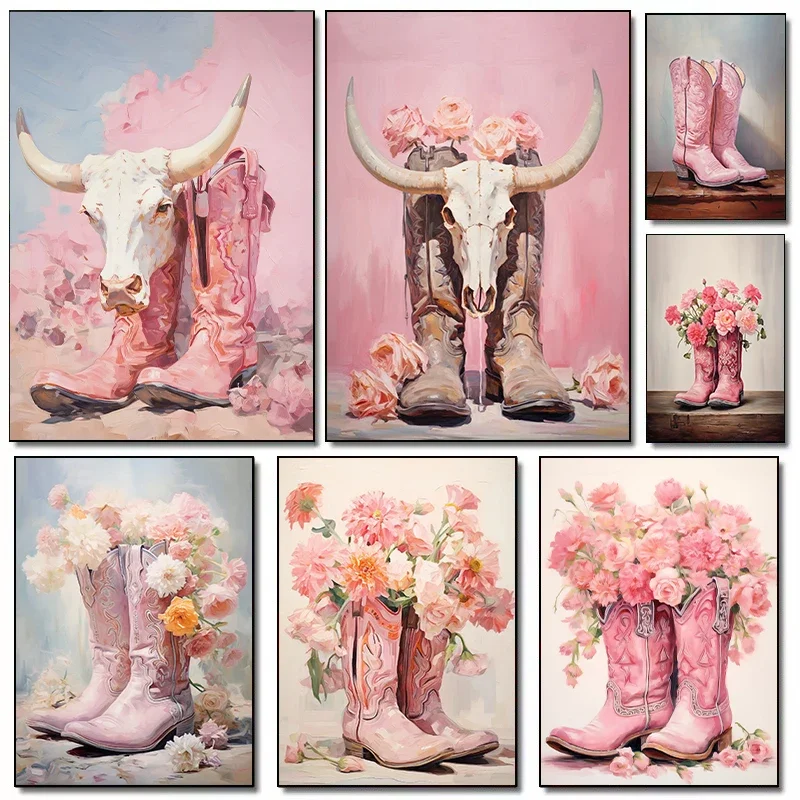 Pink Floral Cowgirl Boots Cow Bull Skull Western Posters and Prints Canvas Printing Wall Art Picture for Living Room Home Dec