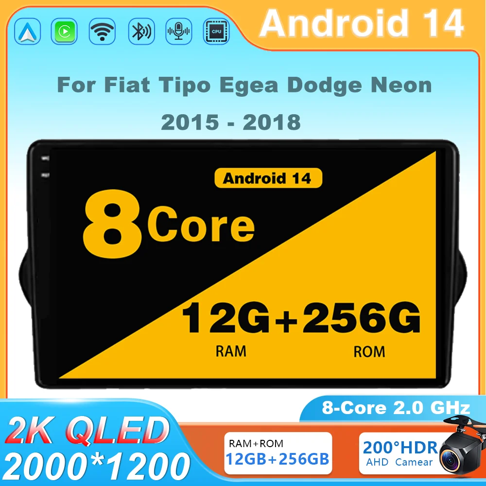

For Fiat Tipo Egea Dodge Neon 2015 - 2018 Android 14 Car Radio Multimedia Video Player Stereo Navigation GPS IPS Screen Carplay
