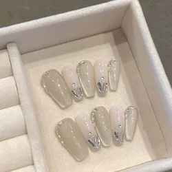 10pcs Handmade Cat Eyes Rhinestone False Nails Press Ons Acrylic Artificial Cheap Decorated Fake Nails Set with Glue Manicure