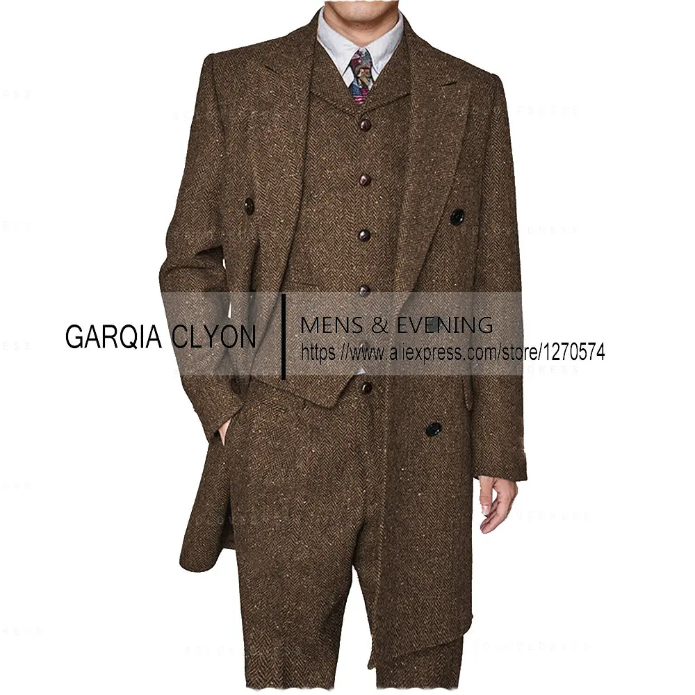 3 Pieces Men\'s Suits Formal Single Breasted Slim Fit Herringbone Tweed Wool Middle Long Style Groomsmen (Blazer+Vest+Pants)